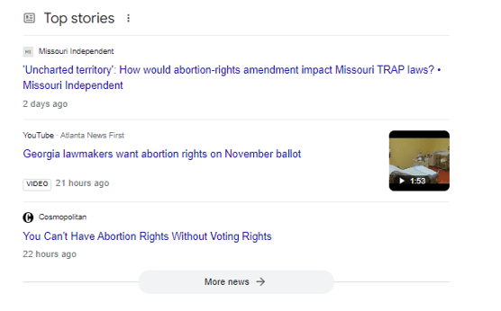 a Top stories serp feature, with a list of three news stories about abortion rights. 