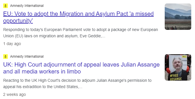 Two Amnesty news stories on a google search results page. The titles both fit the given space on the SERP. 