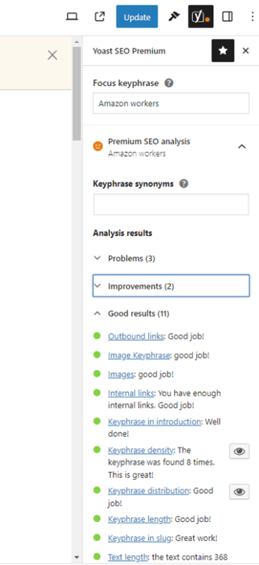 a screenshot of the Yoast SEO settings, with analysis of the pages's optimisation for the search term 'amazon workers' 