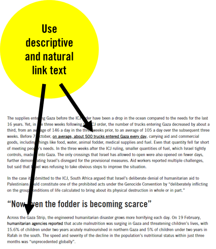 a screenshot of  a page on amnesty.org iwth arrows pointing to the links in the text. There is a yellow ciricle with text that reads 'use descriptive and natural link text' 
